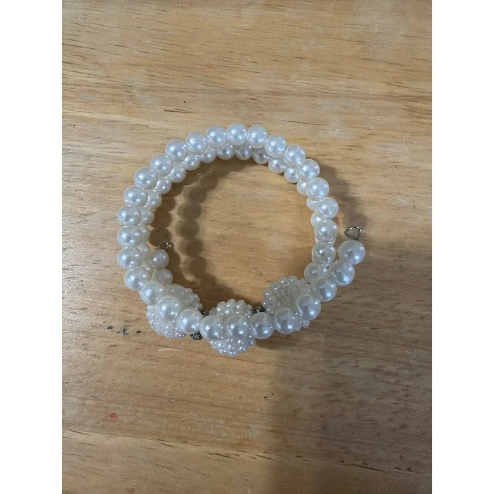 White Faux Pearl Triple‎ Strand Wrap Coil Bracelet with Crystal Accents Bridal